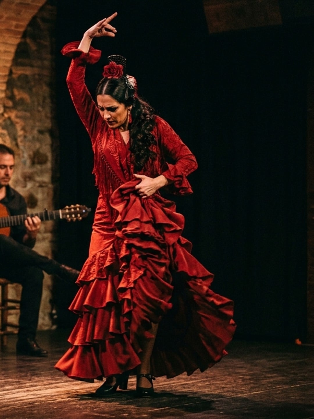 Passionate Spanish flamenco dancer performing live on stage in Barcelona with red dress and dramatic lighting