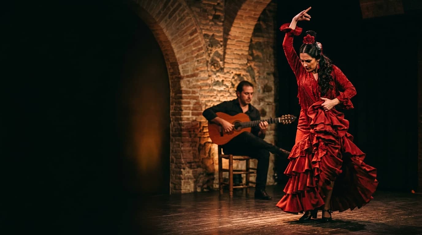 Passionate Spanish flamenco dancer performing live on stage in Barcelona with red dress and dramatic lighting