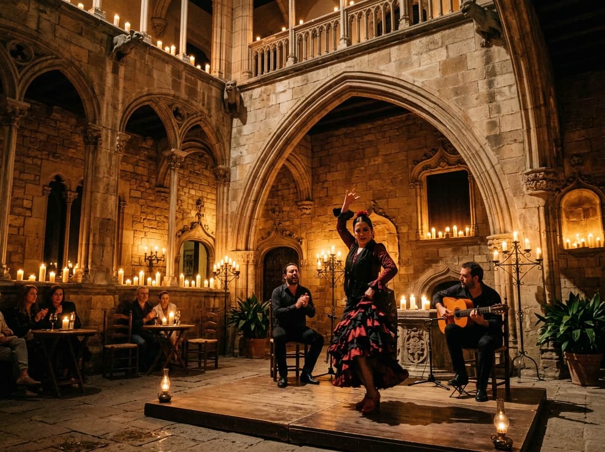Candlelight atmosphere in historic Baroque palace courtyard in Barcelona El Born