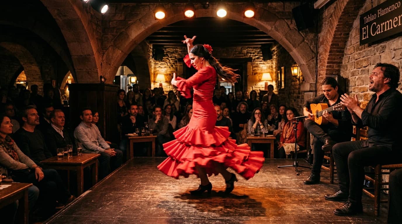 Passionate bailaora in red ruffled dress performing live on wooden stage with guitarist and singer at an intimate Barcelona flamenco tablao