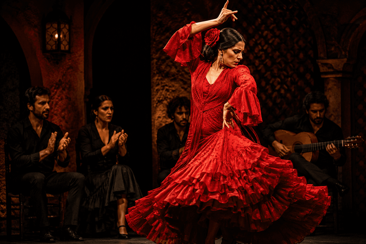 Flamenco dancer performing live on stage in Barcelona with guitarists and singers during an authentic flamenco show.