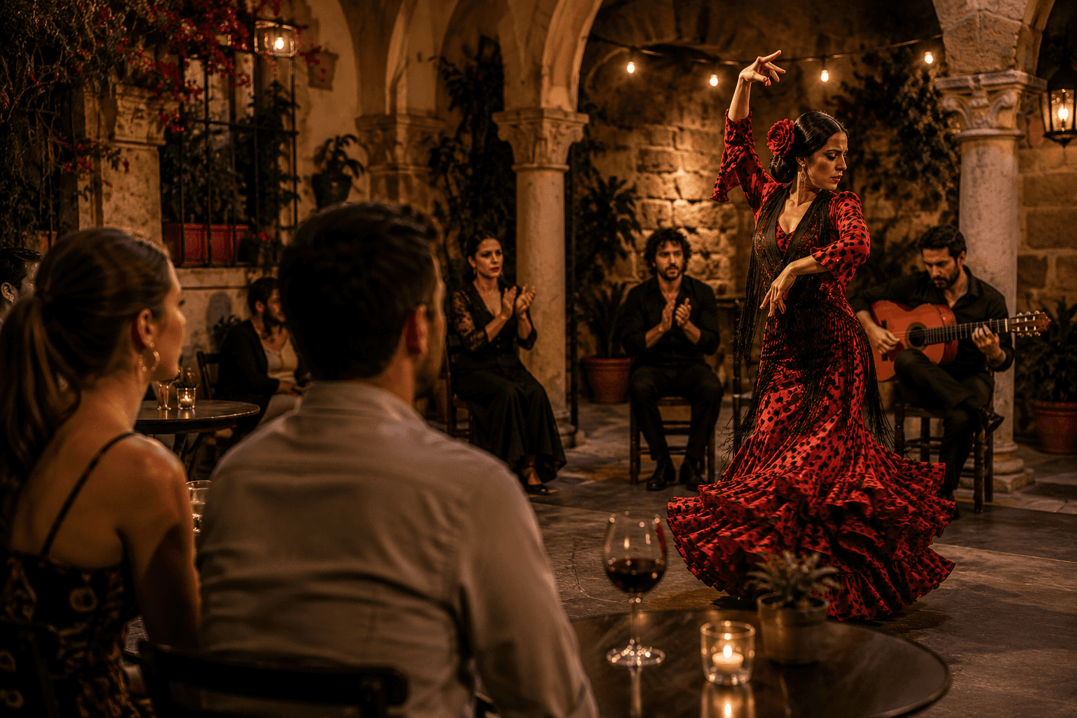 Flamenco dancer performing with live musicians in an intimate Barcelona venue as guests watch the show.
