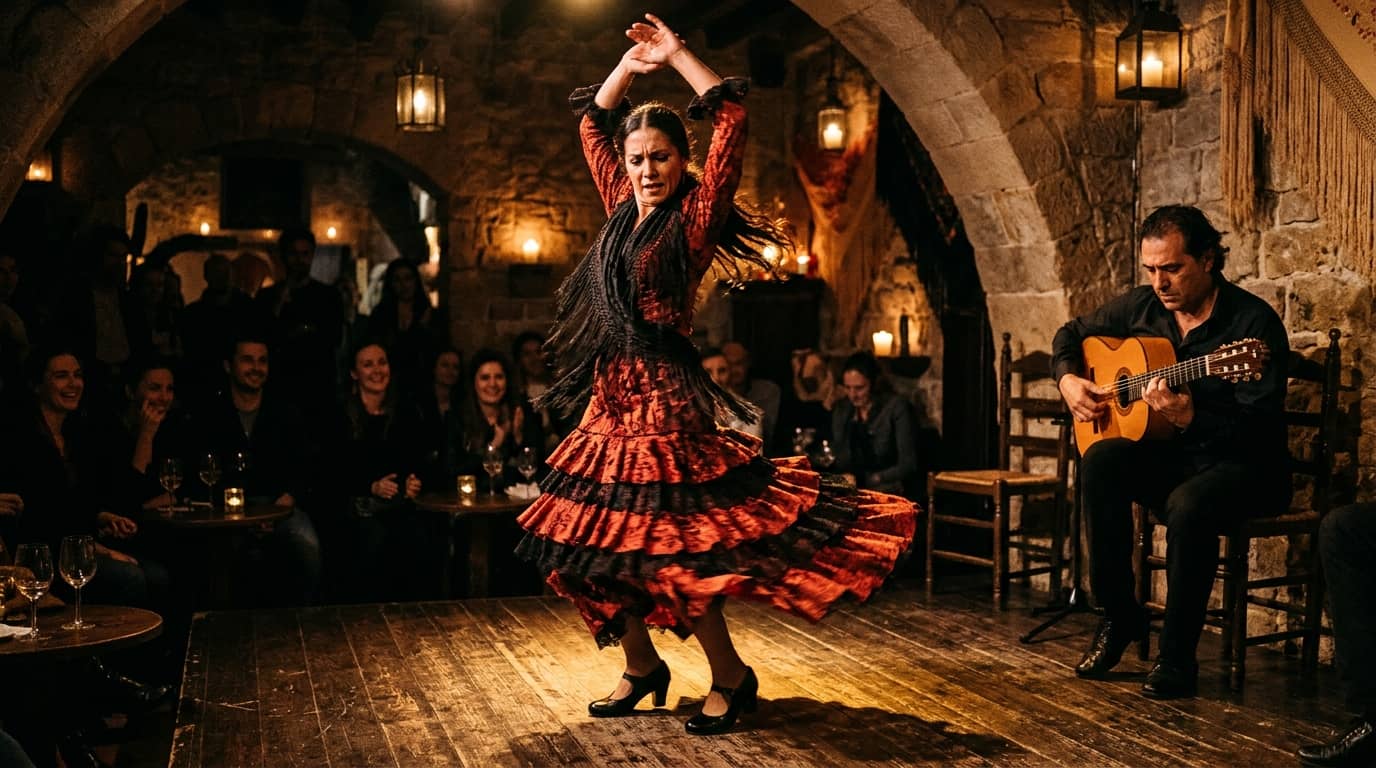 Authentic live flamenco performance on wooden stage in historic Barcelona tablao with dancer and Spanish guitarist